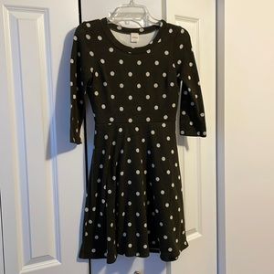 Kaileigh dress, small dark olive green with cream colored polka dots!